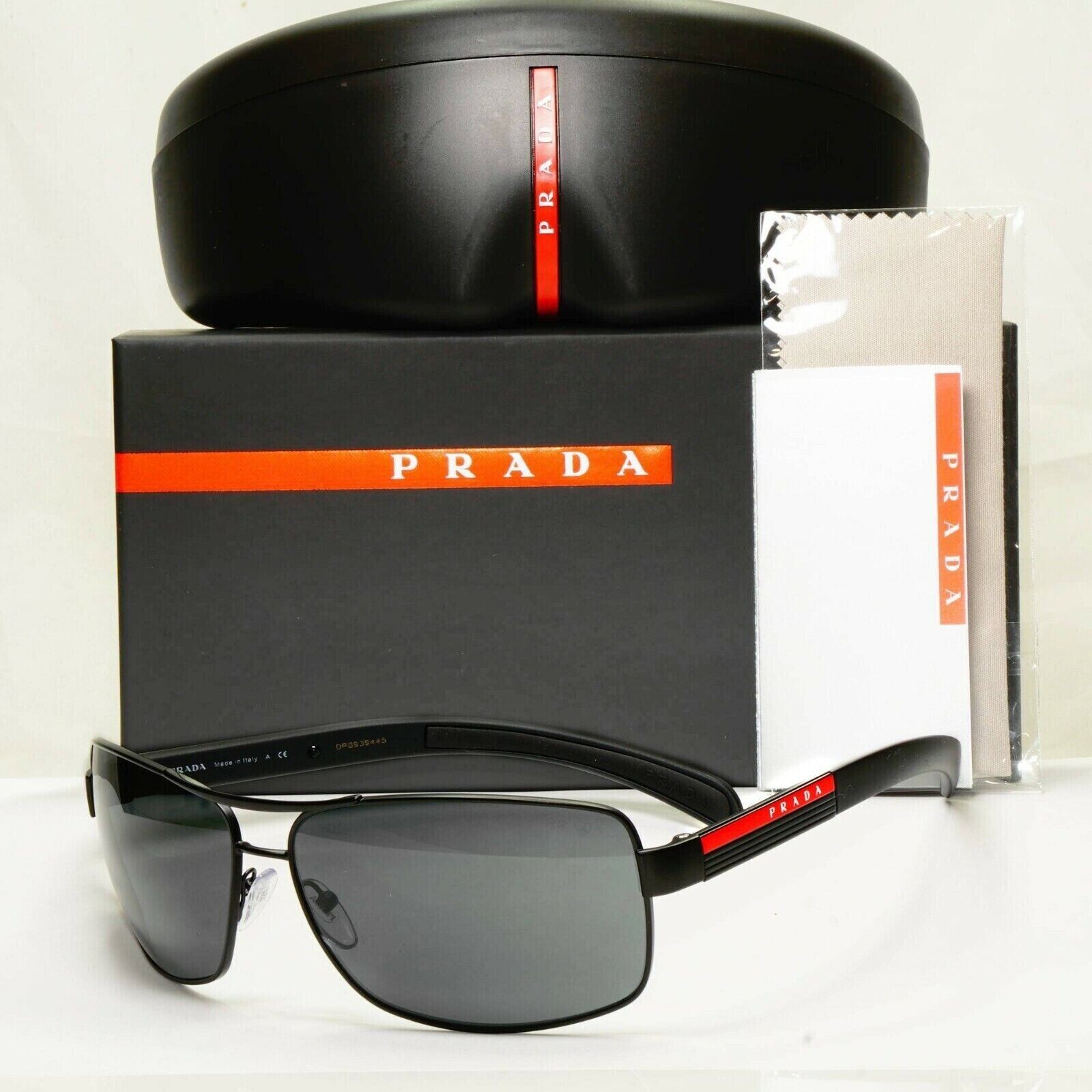 Prada Sunglasses Black Square Square Metal Sport Red Stripe SPS 54I 1BO-1A1 [A]