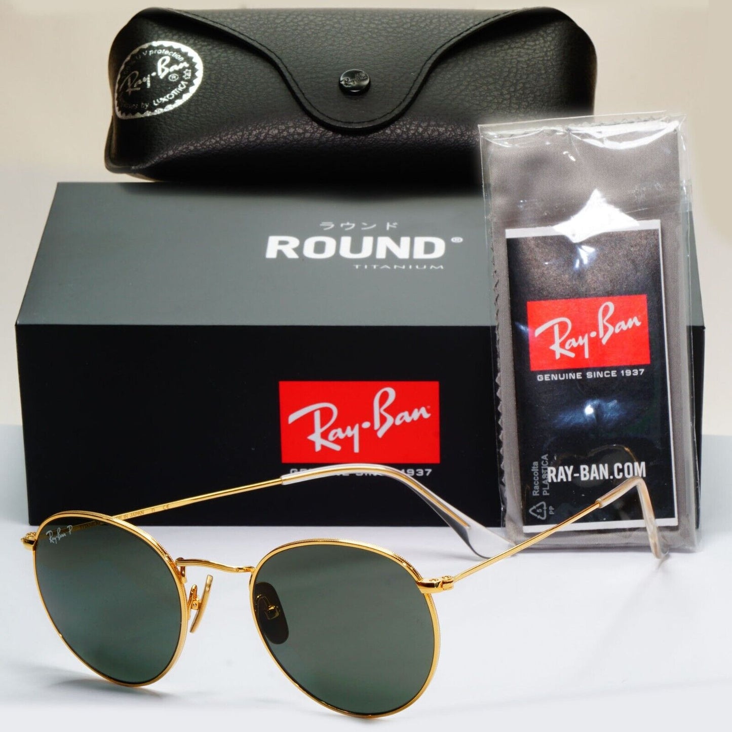 Ray-Ban Sunglasses Round Titanium Polarised Gold Green RB 8247 9216/58 50mm