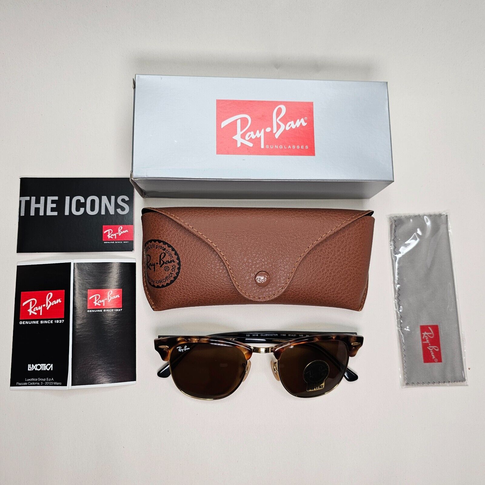 Ray-Ban Sunglasses Clubmaster Fleck Havana Brown Black Gold RB 3016 1160 51mm