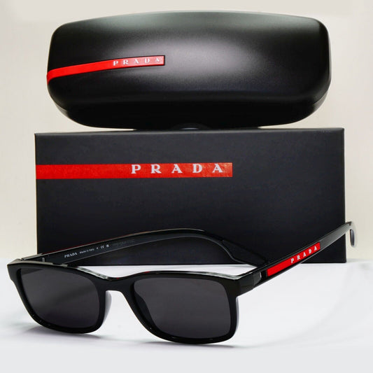 Prada Sunglasses Black Glossy Square Red Linea Rossa PS09OV VPS 09O 1AB-1O1 53mm