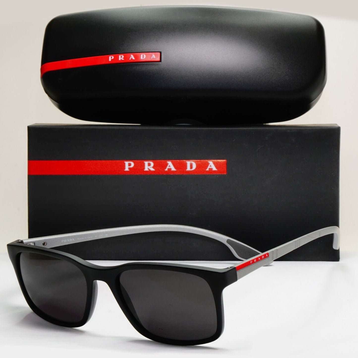 Prada Sunglasses Black Rubber Grey Matte Linea Rossa PS01LV VPS 01L 490-1O1 54mm