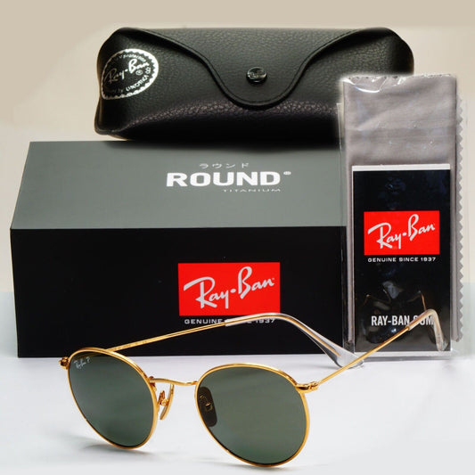 Ray-Ban Sunglasses Round Titanium Polarised Gold Green RB 8247 9216/58 47mm