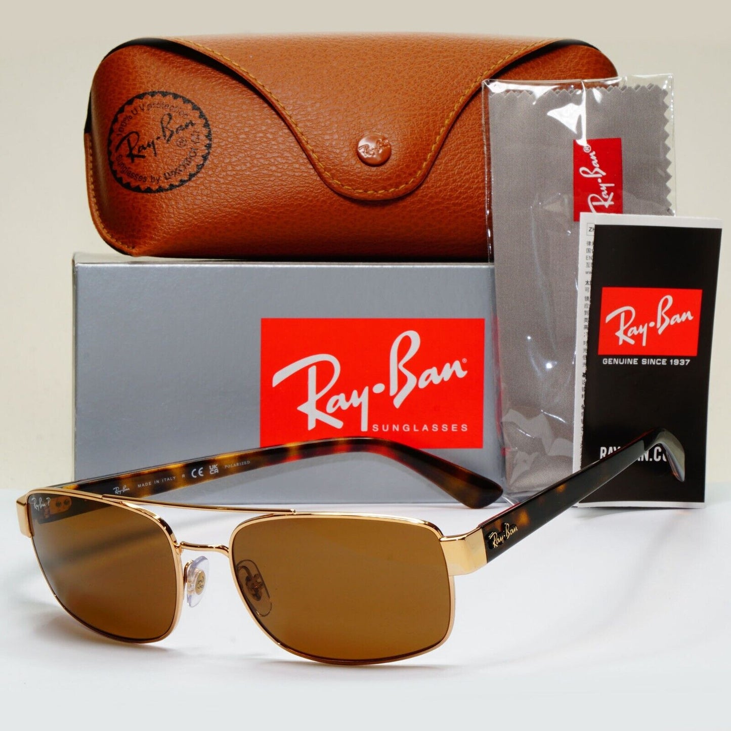 Ray-Ban Sunglasses Polarized Gold Brown Tortoise Navigator RB 3687 001/57 58mm