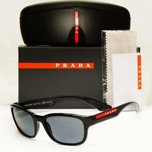 Prada Polarized Black Grey Sunglasses Square Mens Red Stripe SPS 05V 1AB-02G