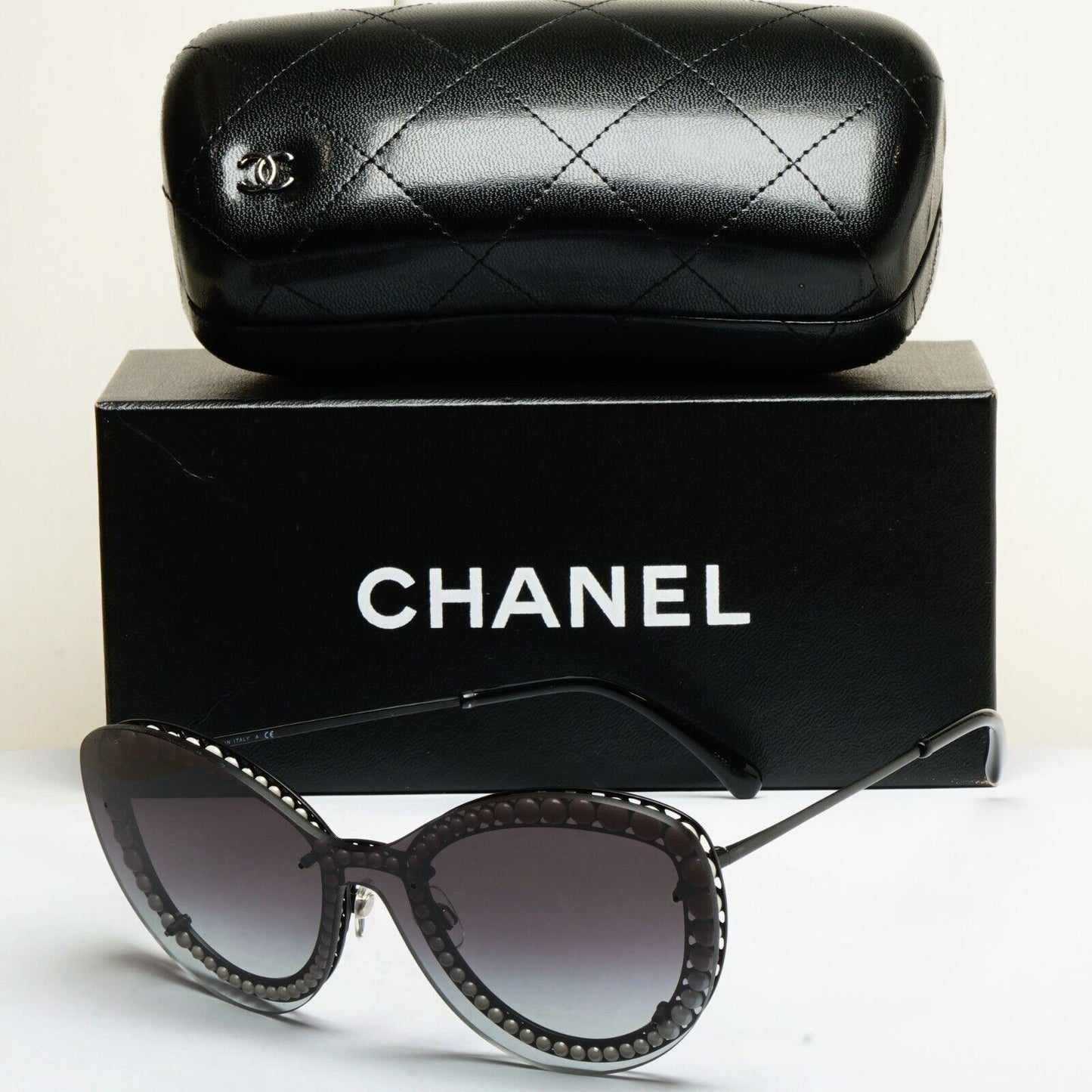 Chanel Sunglasses Pearl Black Grey Smoke Shield Visor 4236-H c.101/S6 with Box