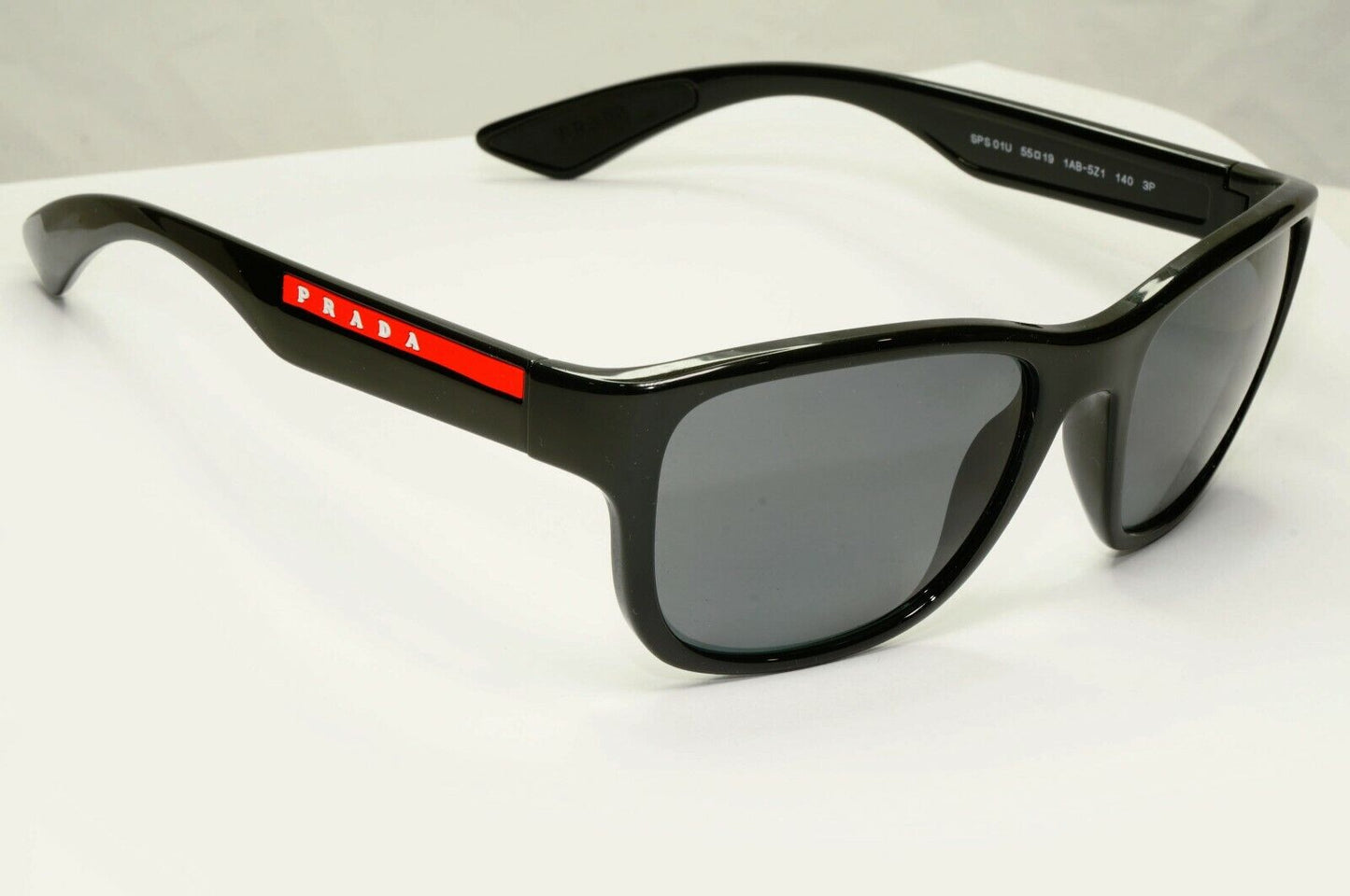 Prada Polarised Black Sunglasses Square Red Stripe PS01US SPS 01U 1AB-5Z1 55mm