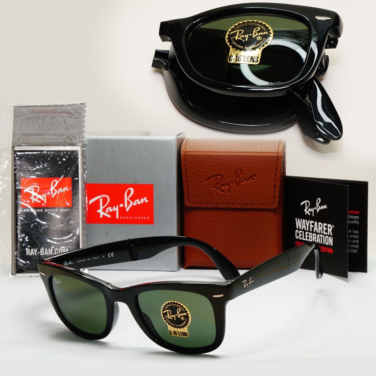 Ray-Ban Sunglasses Folding Wayfarer Black Glossy Green G15 RB 4105 601 50mm