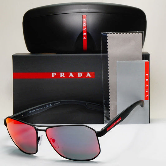 Prada Sunglasses Black Mirror Blue Red Angular Pilot PS51VS SPS 51V DG0-9Q1 62mm