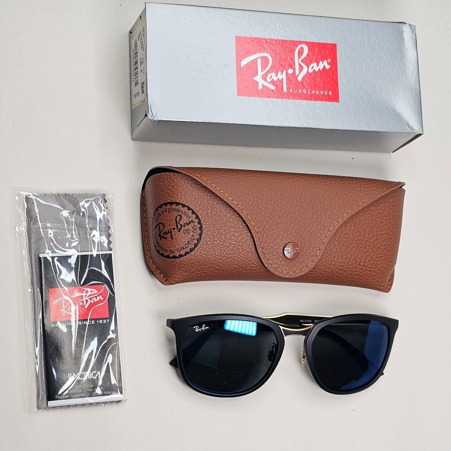 Ray-Ban Sunglasses Black Matte Gold Blue Mirror Square RB 4299 601-S/55