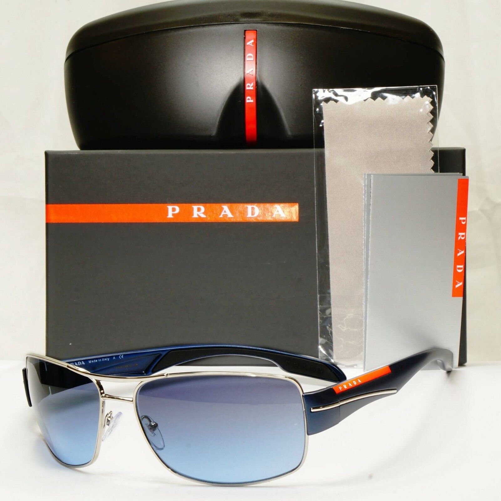 Authentic Prada Mens Blue Square Metal Sunglasses SPS 53N 1BC-5I1 Red Stripe