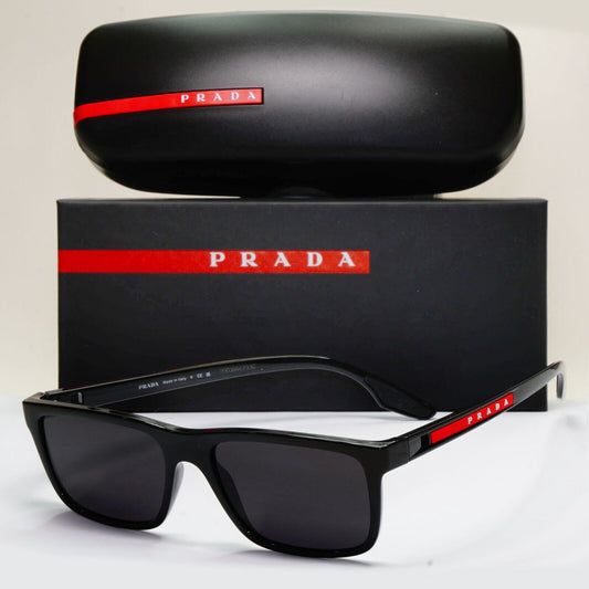 Prada Sunglasses Black Glossy Square Red Linea Rossa PS02OV VPS 02O 1AB-1O1 55mm