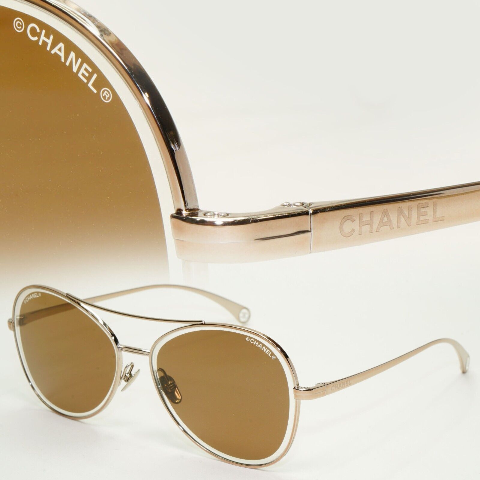 Chanel Sunglasses Gold Brown Pilot Metal Designer Fashion 4260 c.132/EE 59mm