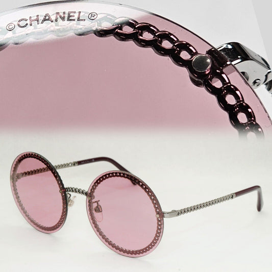 Chanel Sunglasses Chain Round Pink Red Burgundy Silver 4245 C.108/D8 041223 [B]