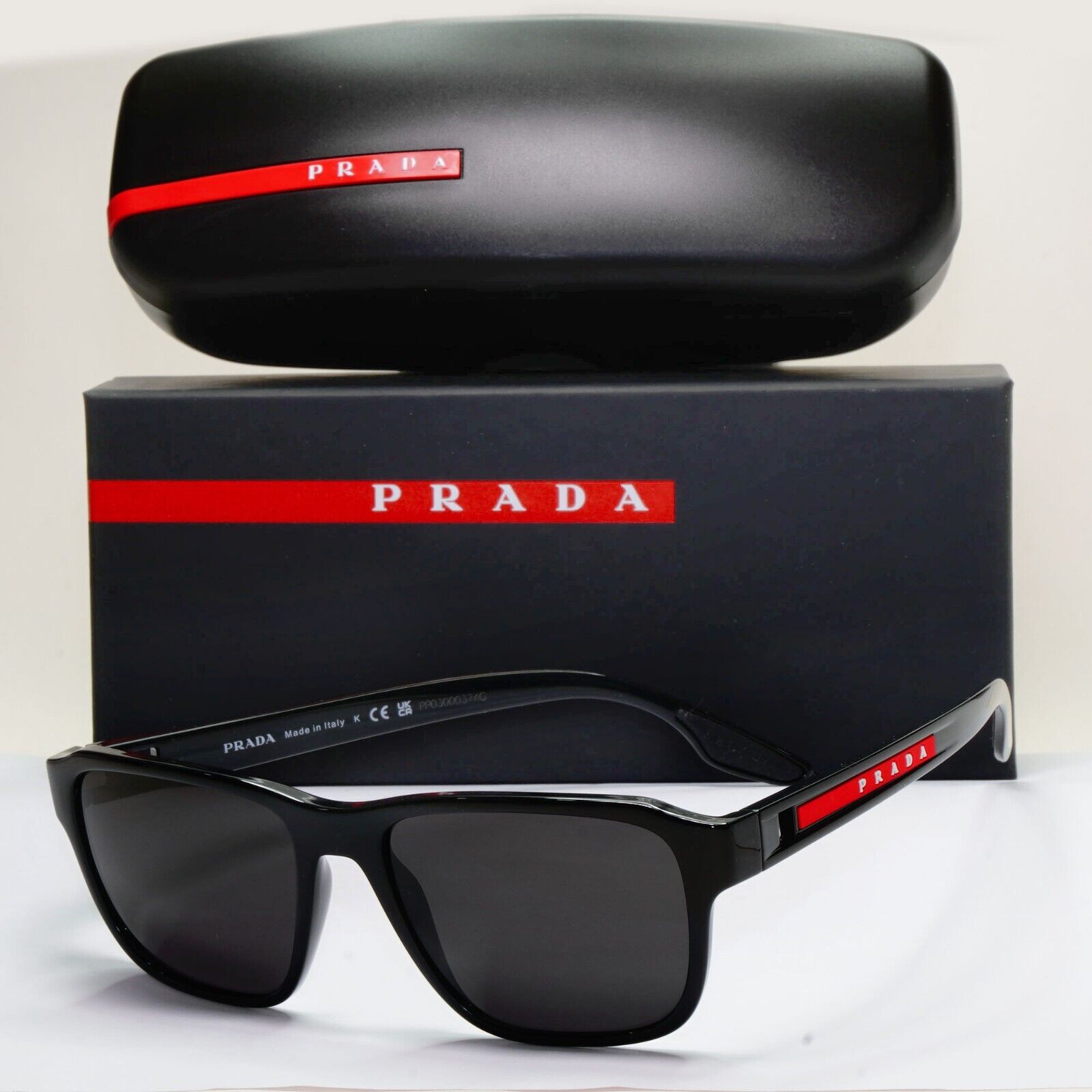 Prada Sunglasses Black Glossy Square Red Linea Rossa PS04NV VPS 04N 1AB-1O1 54mm