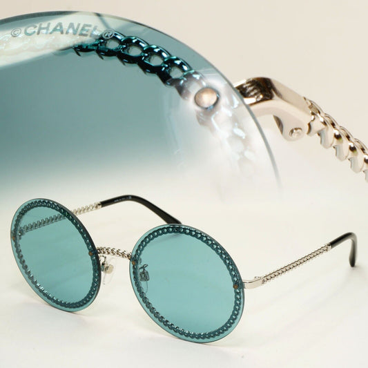 Chanel Sunglasses Chain Round Rimless Metal Silver Blue CH 4245 c.124/80