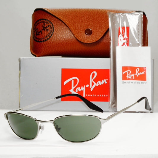 Ray-Ban Sunglasses Year 2004 Vintage Silver Green Grey Wrap Metal RB 3023 W2962