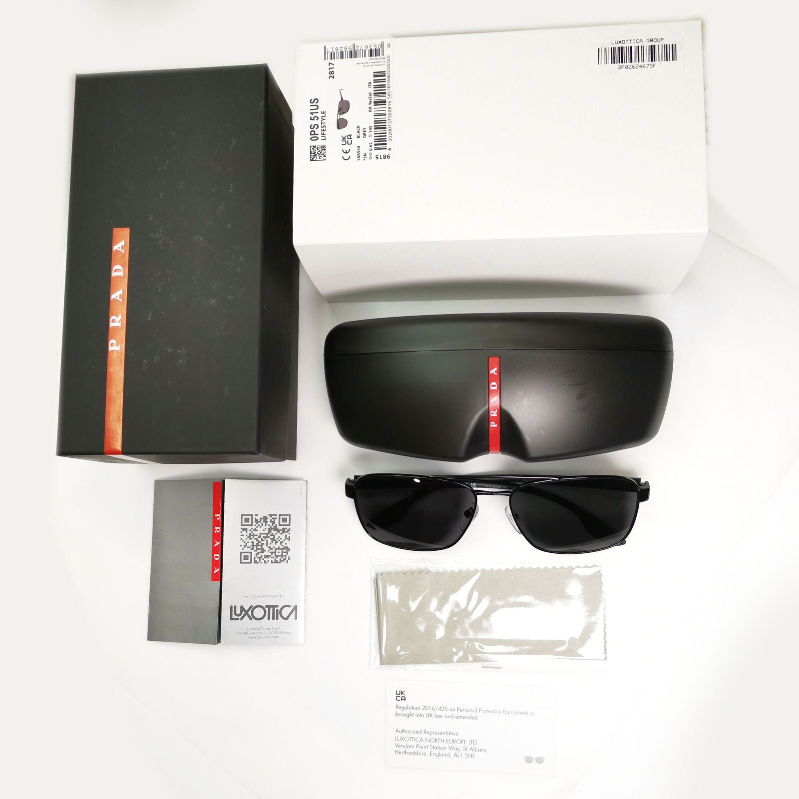 Prada Sunglasses Black Square Pilot Metal Red Stripe PS51US SPS 51U 1AB-5S0