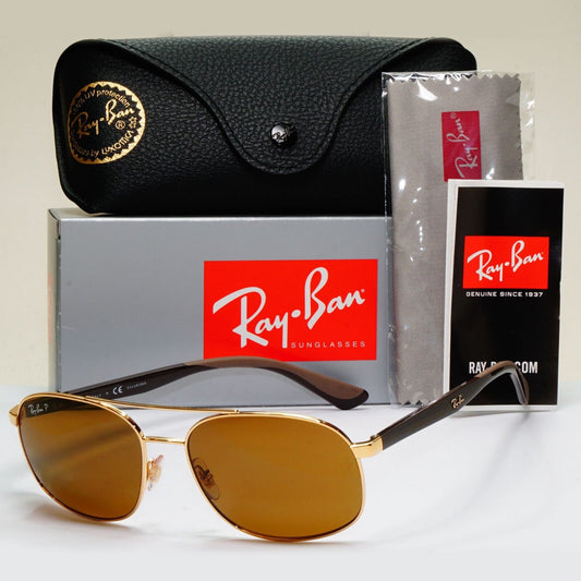 Ray-Ban Sunglasses 2018 Polarized Gold Brown Pilot Navigator RB 3593 001/83 58mm