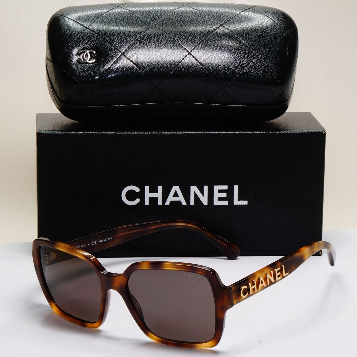 Chanel Sunglasses Polarized Gold Letters Brown Tortoise Square 5408 c.1662/83