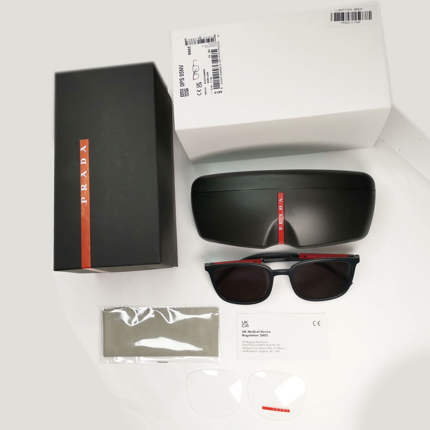 Prada Sunglasses Black Rubber Square Red Stripe PS05NV VPS 05N 1BO-1O1 54mm