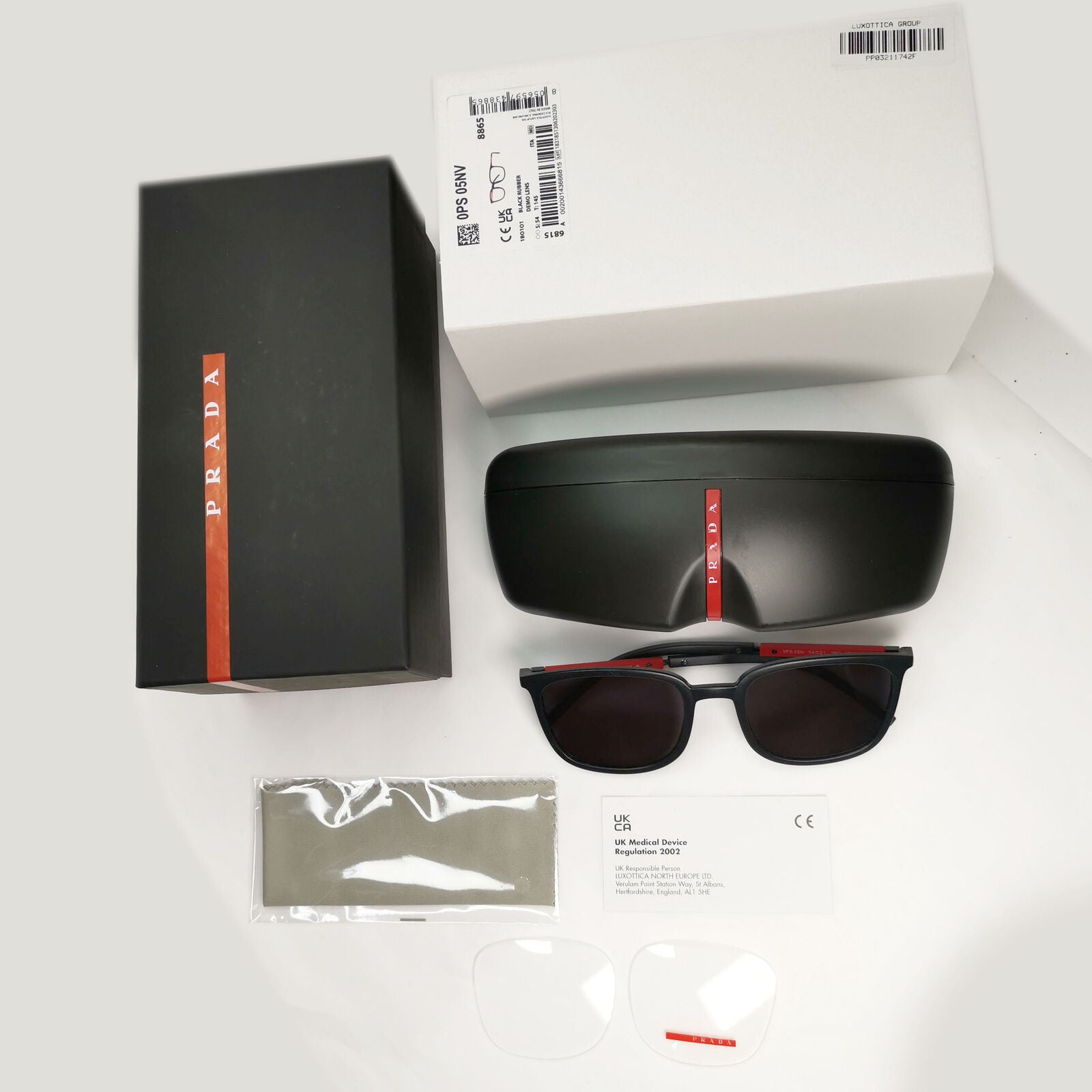 Prada Sunglasses Black Rubber Square Red Stripe PS05NV VPS 05N 1BO-1O1 54mm