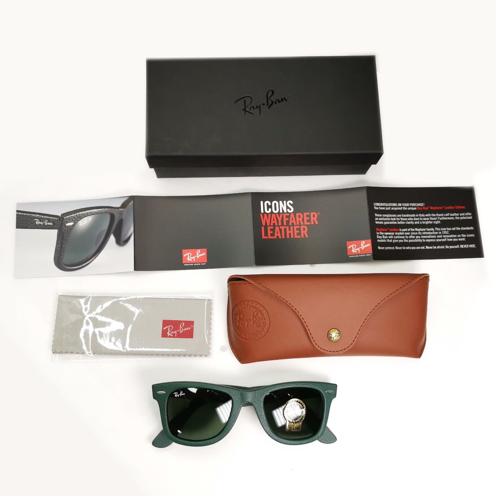 Ray-Ban Sunglasses Leather Wayfarer Year 2013 Rare Dark Green RB 2140-Q-M 1170