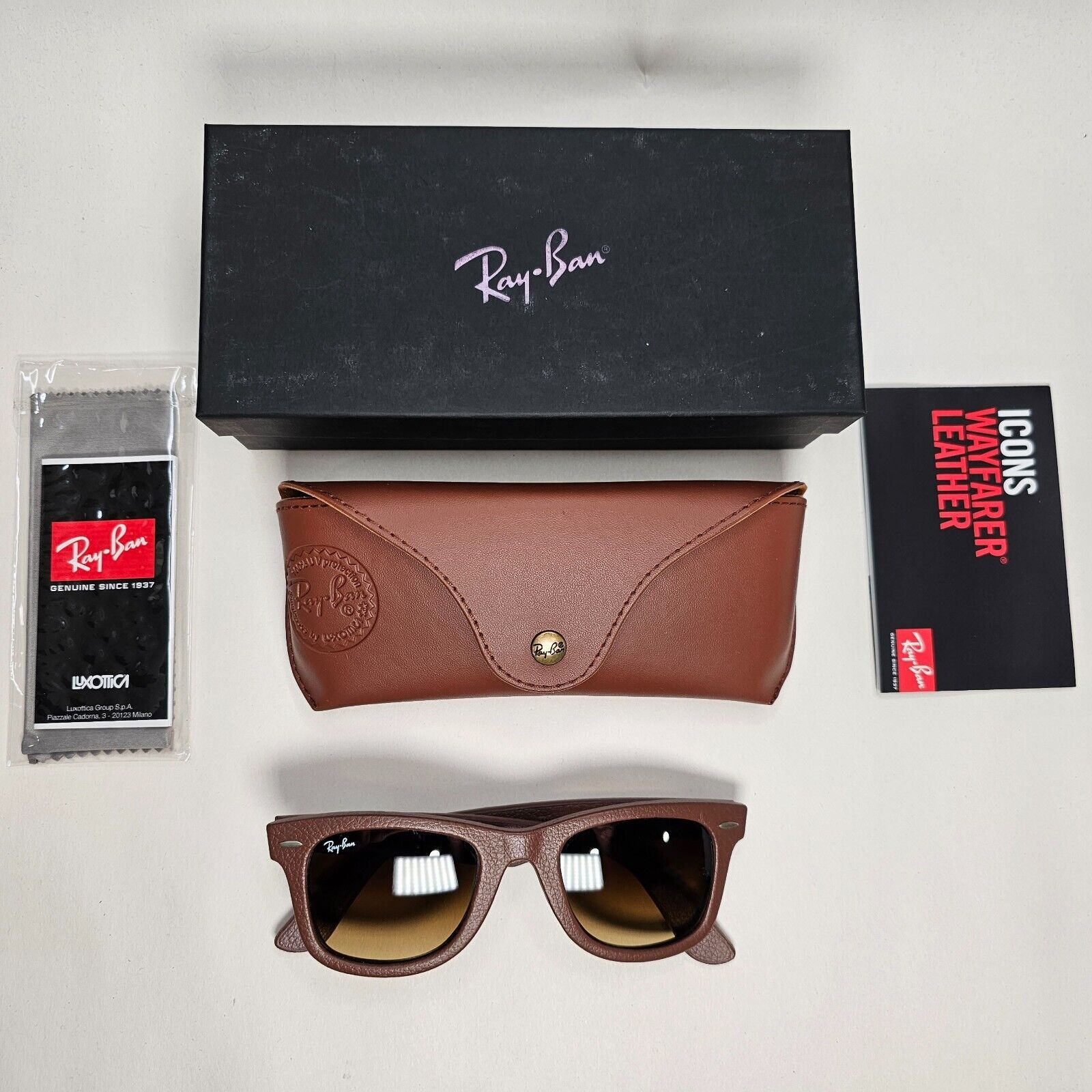 Ray-Ban Sunglasses Leather Wayfarer Year 2013 Rare Brown RB 2140-Q-M 1169/85