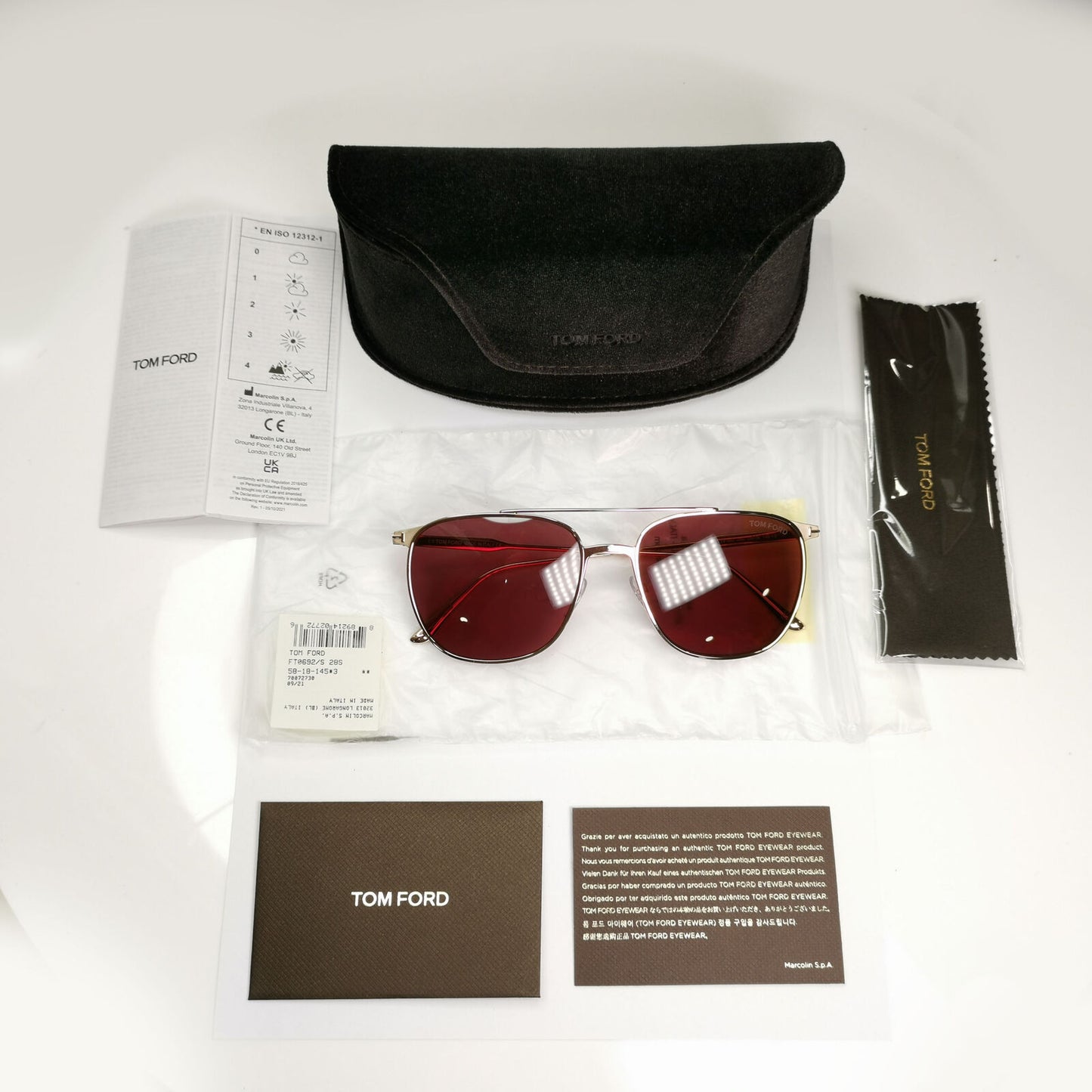 Tom Ford Gold Maroon Red Sunglasses Metal Square Mens Pilot Kip TF 692 28S