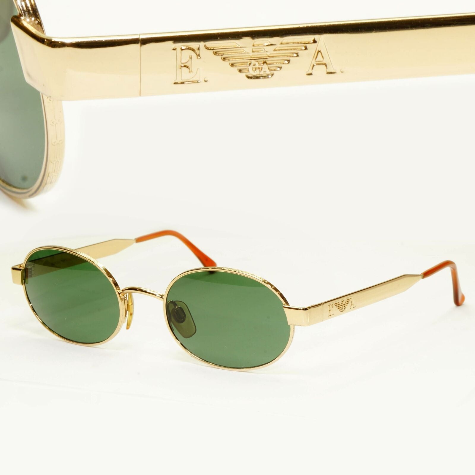 Emporio Armani 1997 Vintage Metal Sunglasses Green Oval Gold Eagle 066-S 743