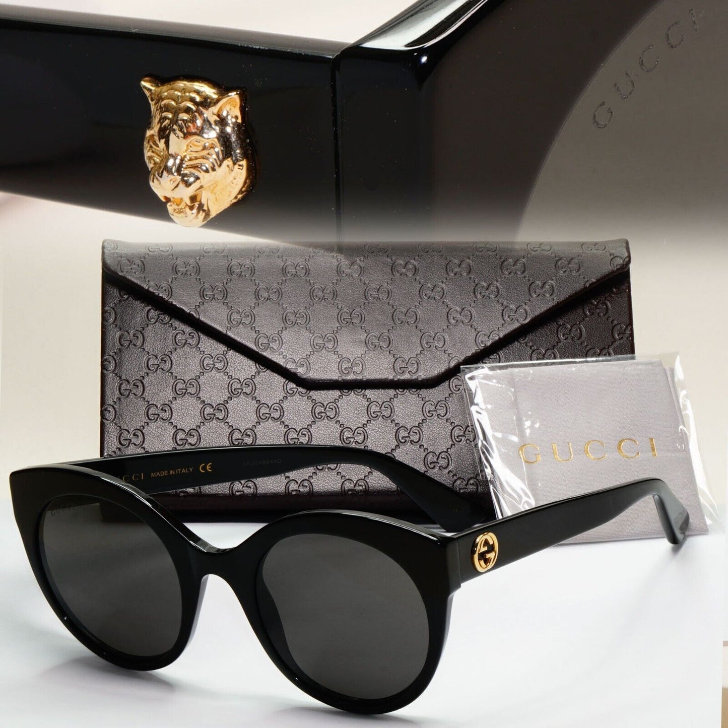 Gucci Sunglasses 2017 Black Gold Tiger Oversized GG 0028S 001 52mm 050824