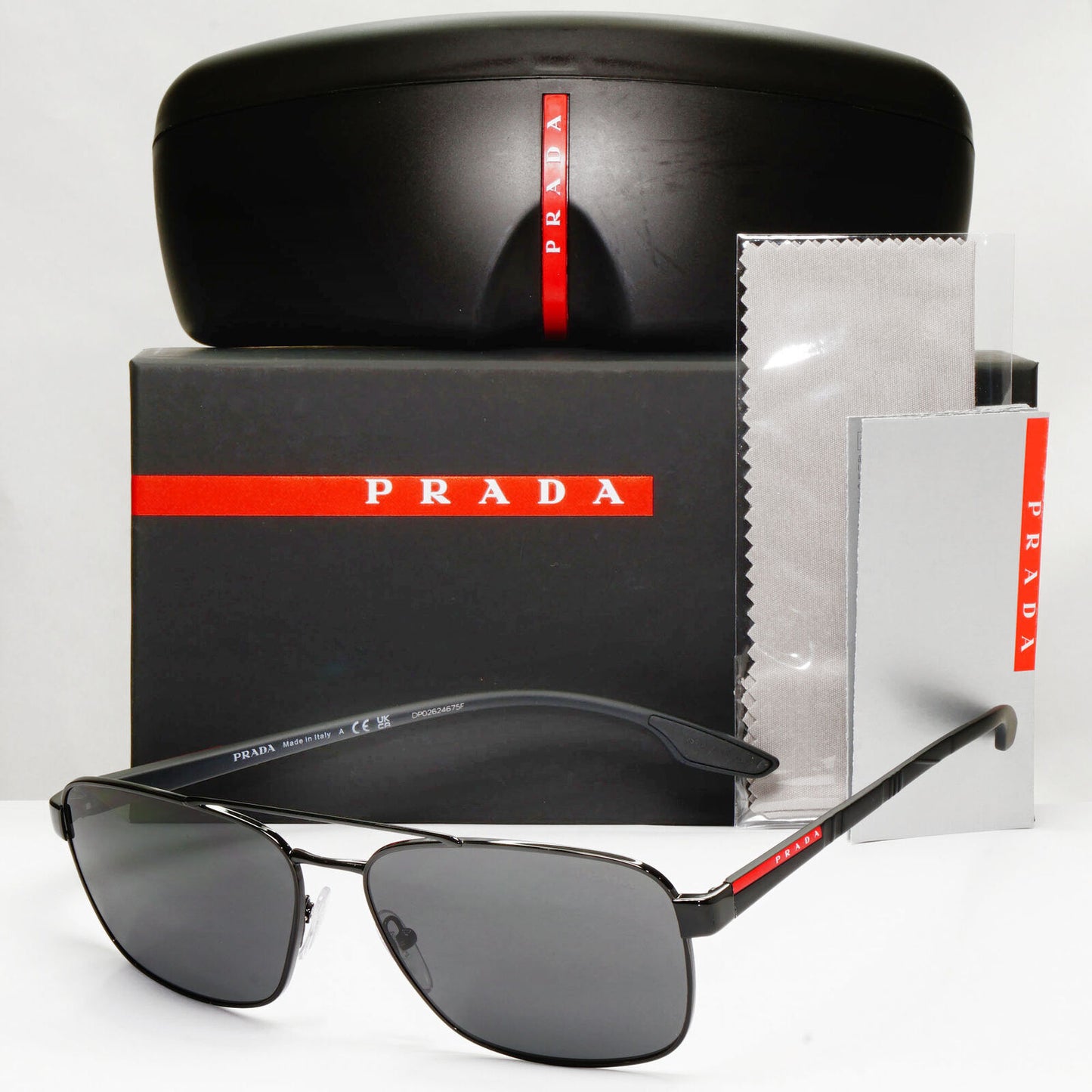 Prada Sunglasses Black Square Pilot Metal Red Stripe PS51US SPS 51U 1AB-5S0