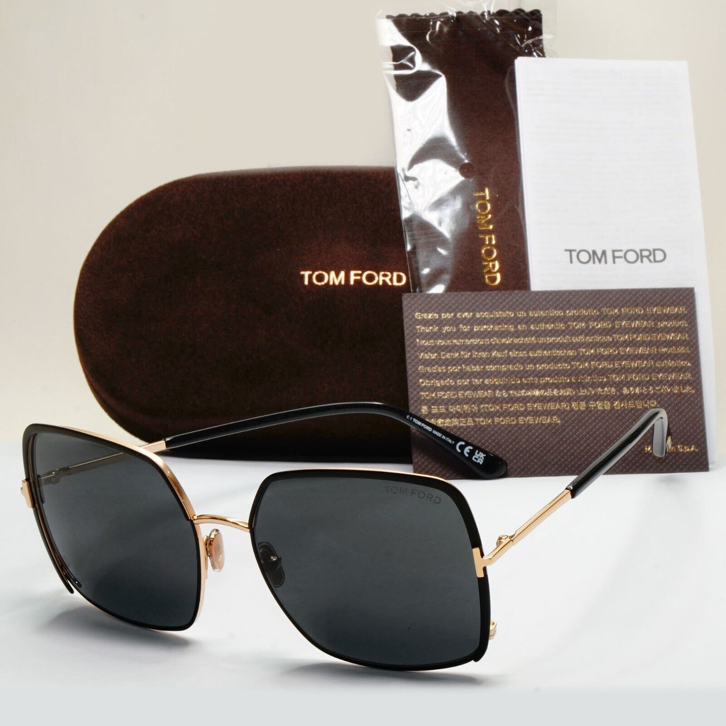 Tom Ford Sunglasses Raphaela Black Gold Grey Metal Square FT1006 TF 1006 02A