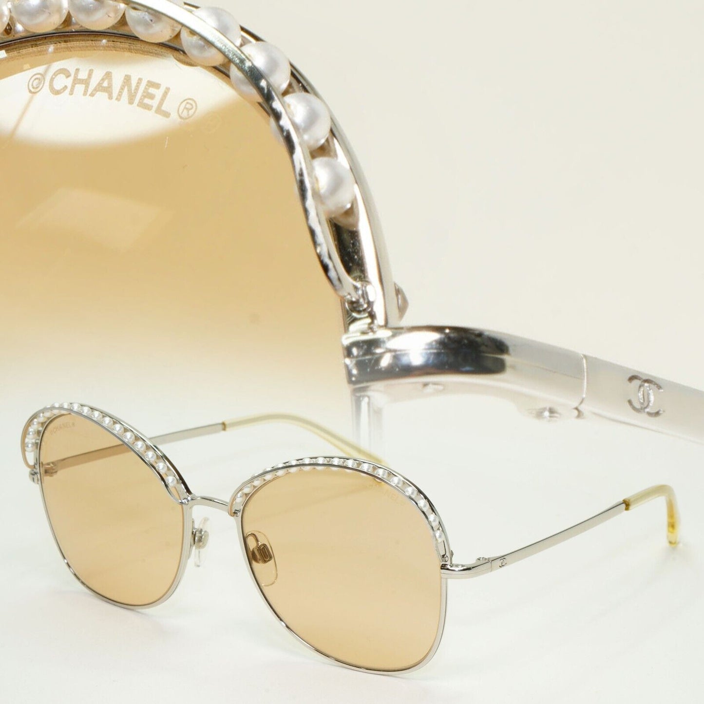 Chanel Sunglasses Pearl Silver Brown Amber Square Metal 4246-H c.124/73 56mm