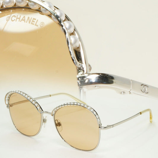 Chanel Sunglasses Pearl Silver Brown Amber Square Metal 4246-H c.124/73 56mm