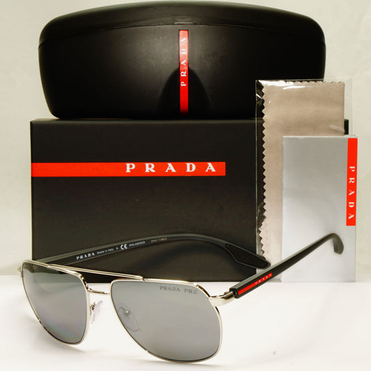 Prada Silver Black Polarised Sunglasses Pilot Mens Square SPS 55V PS55VS 1BC-07H