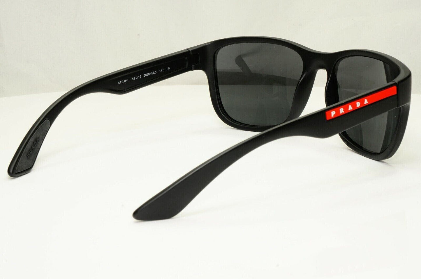 Prada Sunglasse Black Square Rubber PS01US SPS 01U DG0-5S0 Red Stripe Rossa 59mm