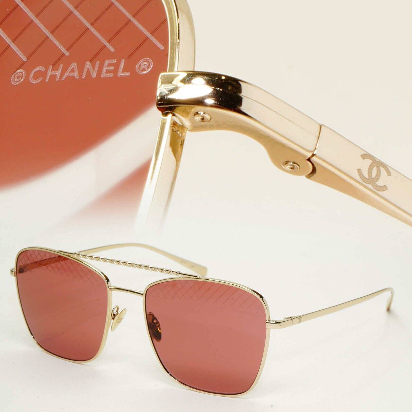 Chanel Sunglasses Gold Red Square Navigator Metal Pilot 4256 c.395/0H 55mm