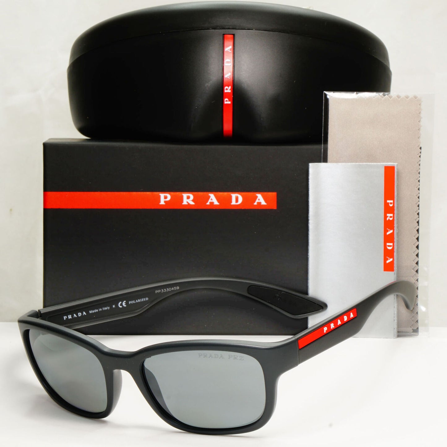 Prada Polarised Mirror Sunglasses Grey Rubber Red Stripe PS05VS SPS 05V UFK-07H