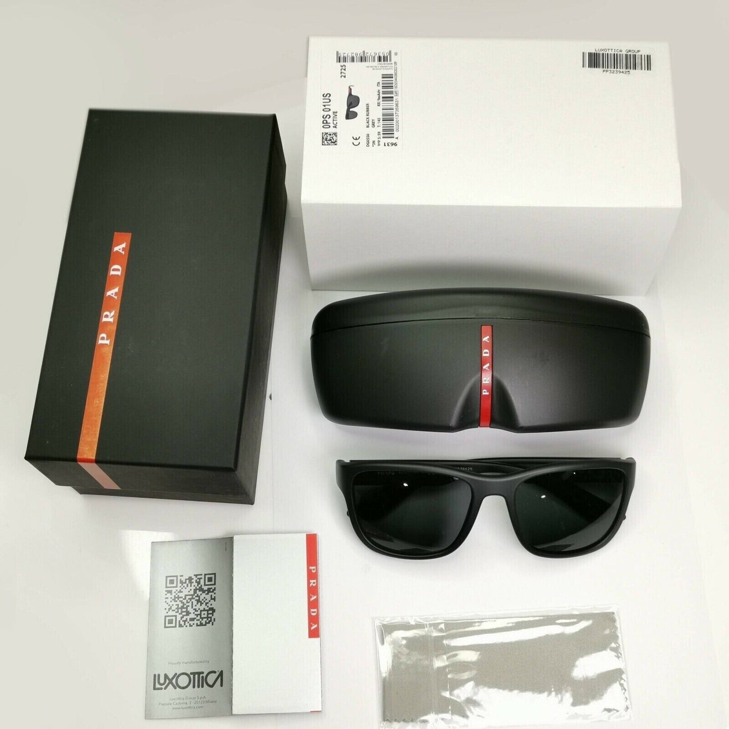 Prada Sunglasse Black Square Rubber PS01US SPS 01U DG0-5S0 Red Stripe Rossa 59mm