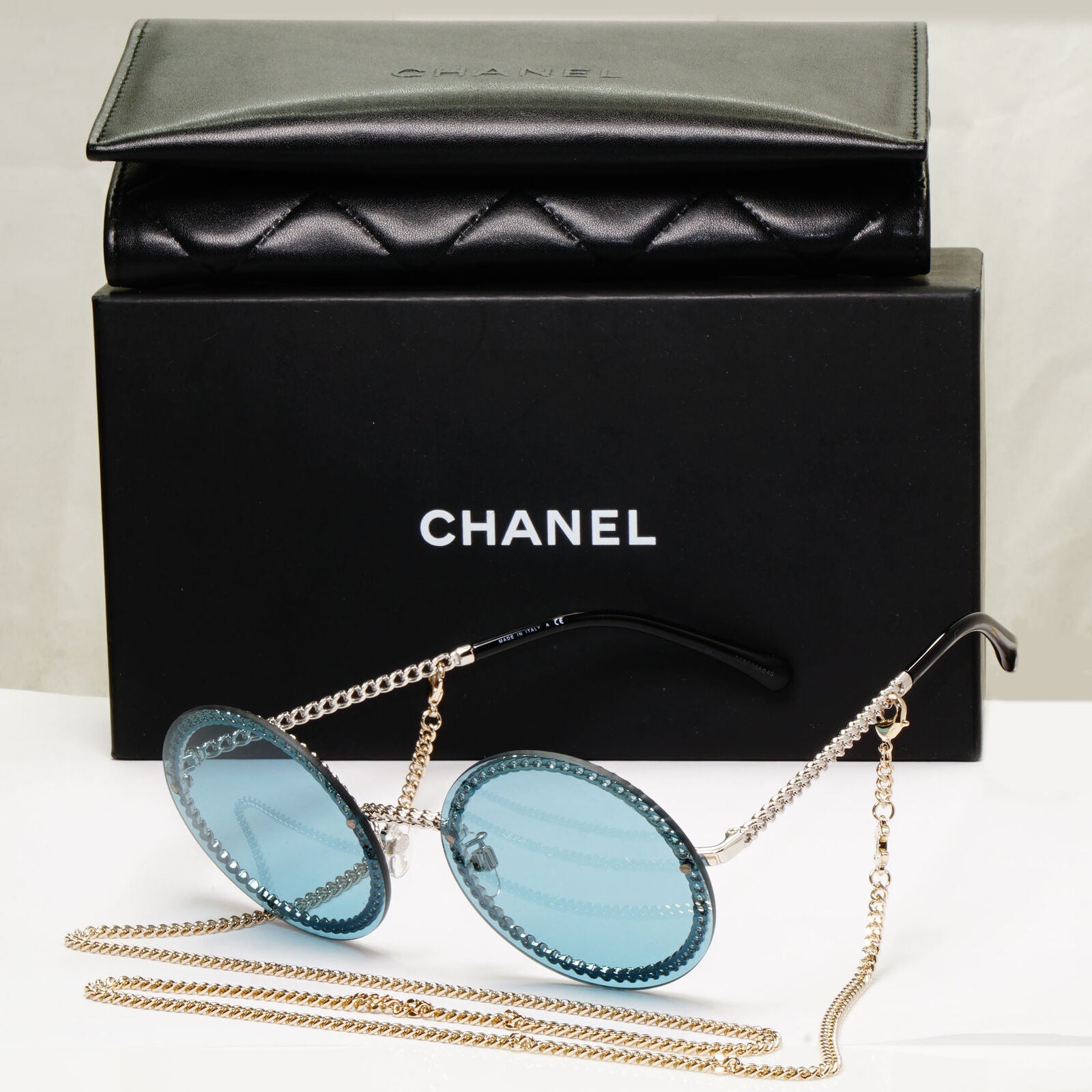 Chanel Chain Sunglasses Round Blue Year 2021 Silver Gold 4245 c.124/80 280323