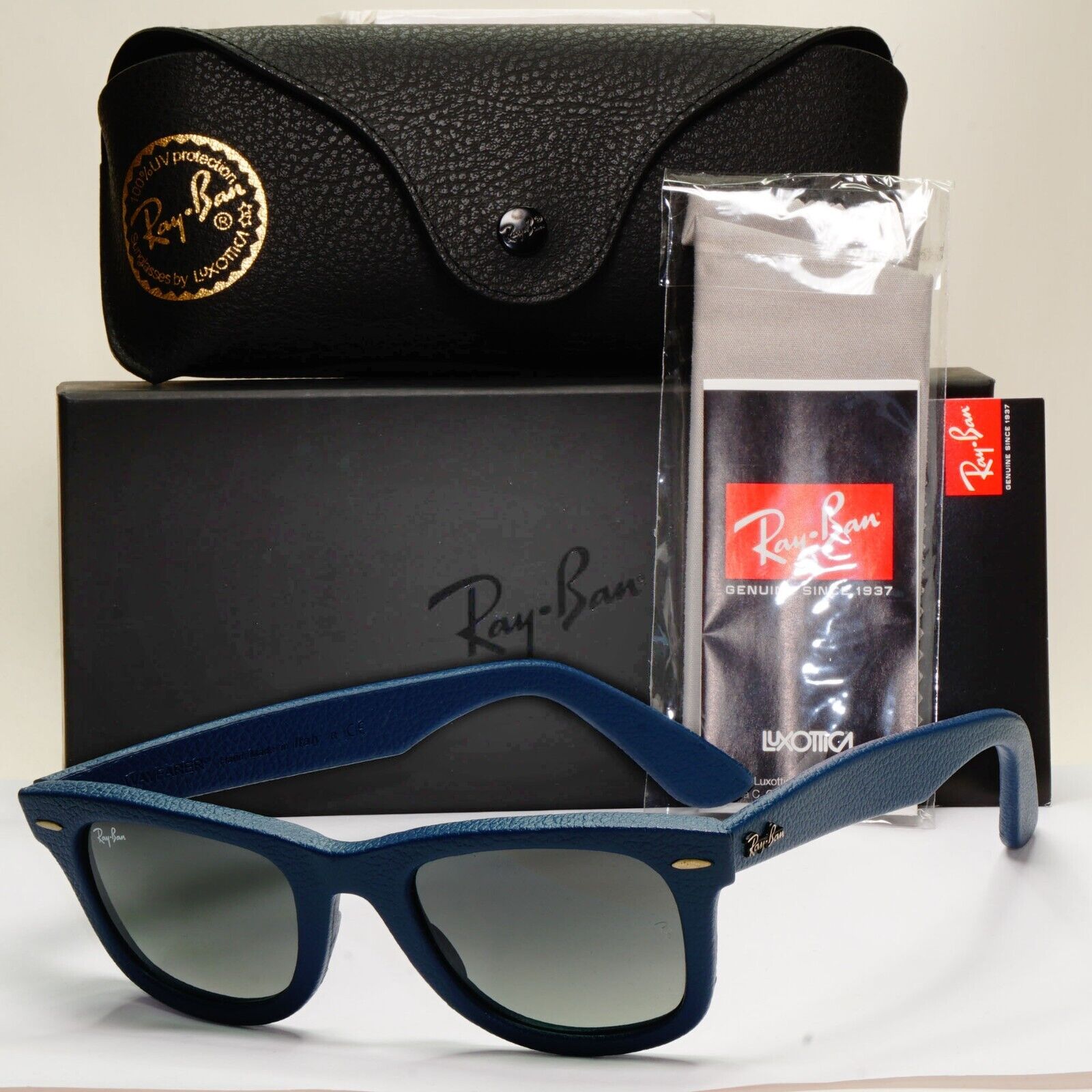 Ray-Ban Sunglasses Leather Wayfarer Year 2013 Rare Dark Blue RB 2140-Q-M 1168/71