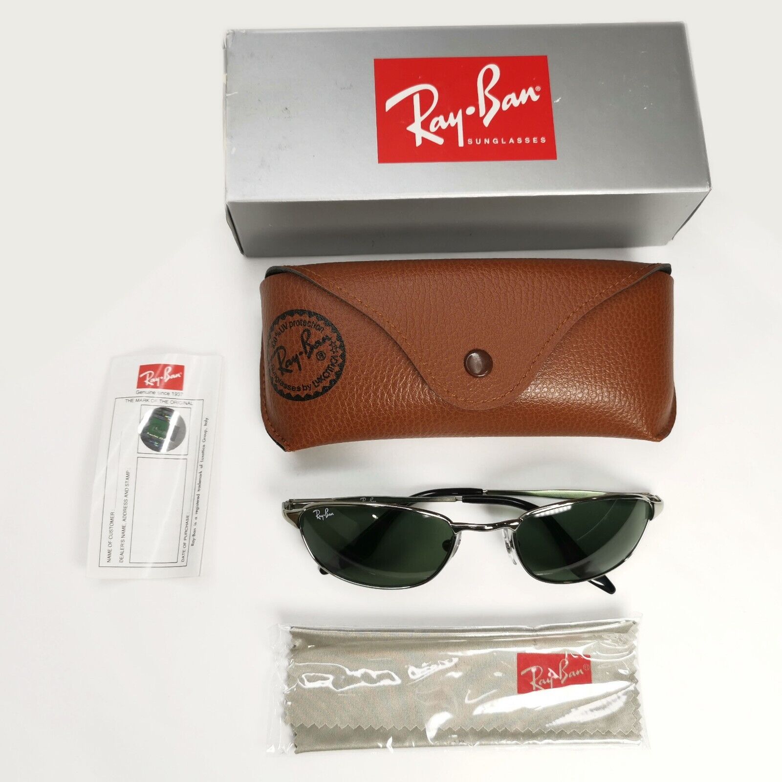 Ray-Ban Sunglasses Year 2004 Vintage Silver Green Grey Wrap Metal RB 3023 W2962