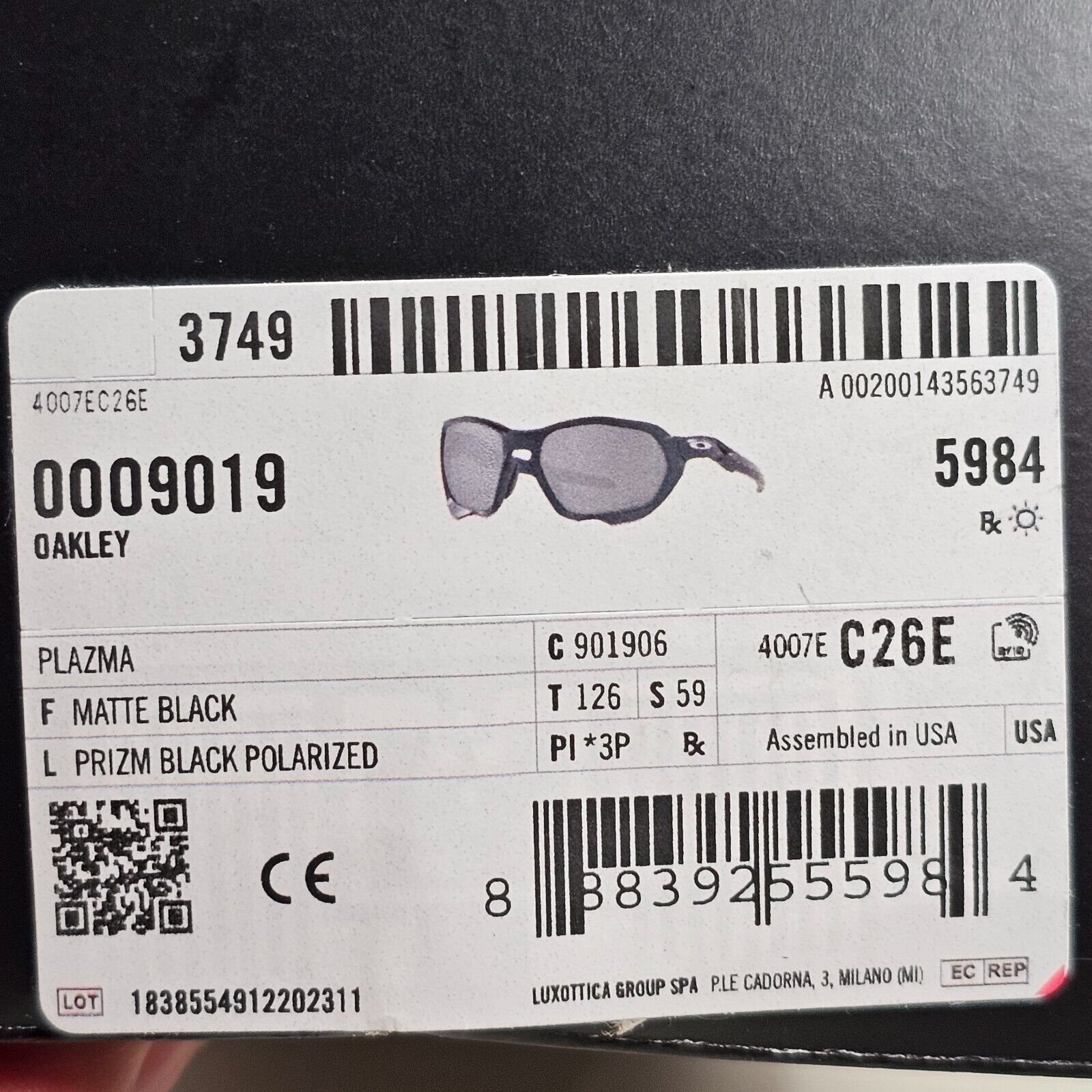 Oakley Sunglasses Plazma Polarised Black Matte Prizm Square Wrap OO 9019 06