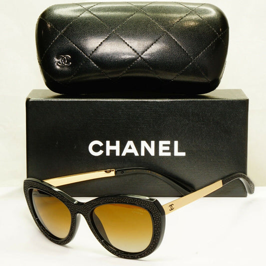 Chanel Stingray Leather Sunglasses Polarized Black Gold Brown 6046-Q 622/S9