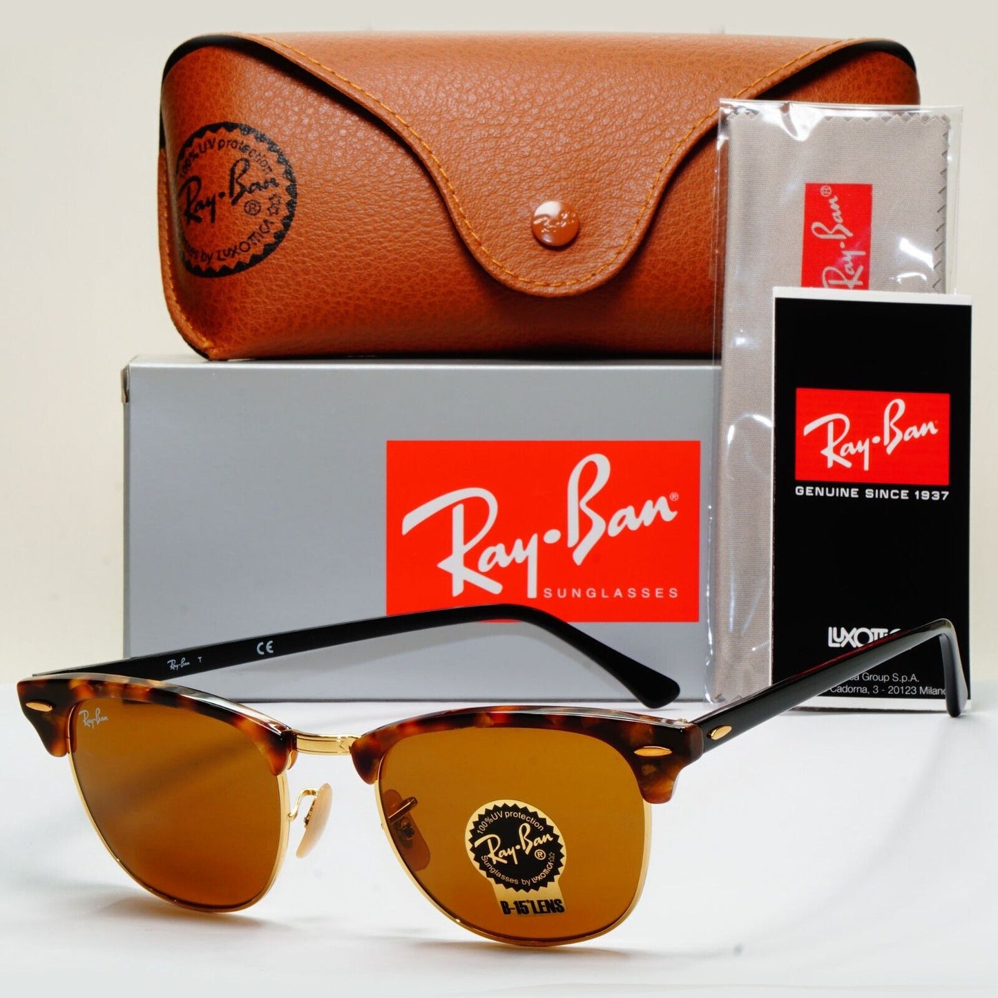 Ray-Ban Sunglasses Clubmaster Fleck Havana Brown Black Gold RB 3016 1160 51mm