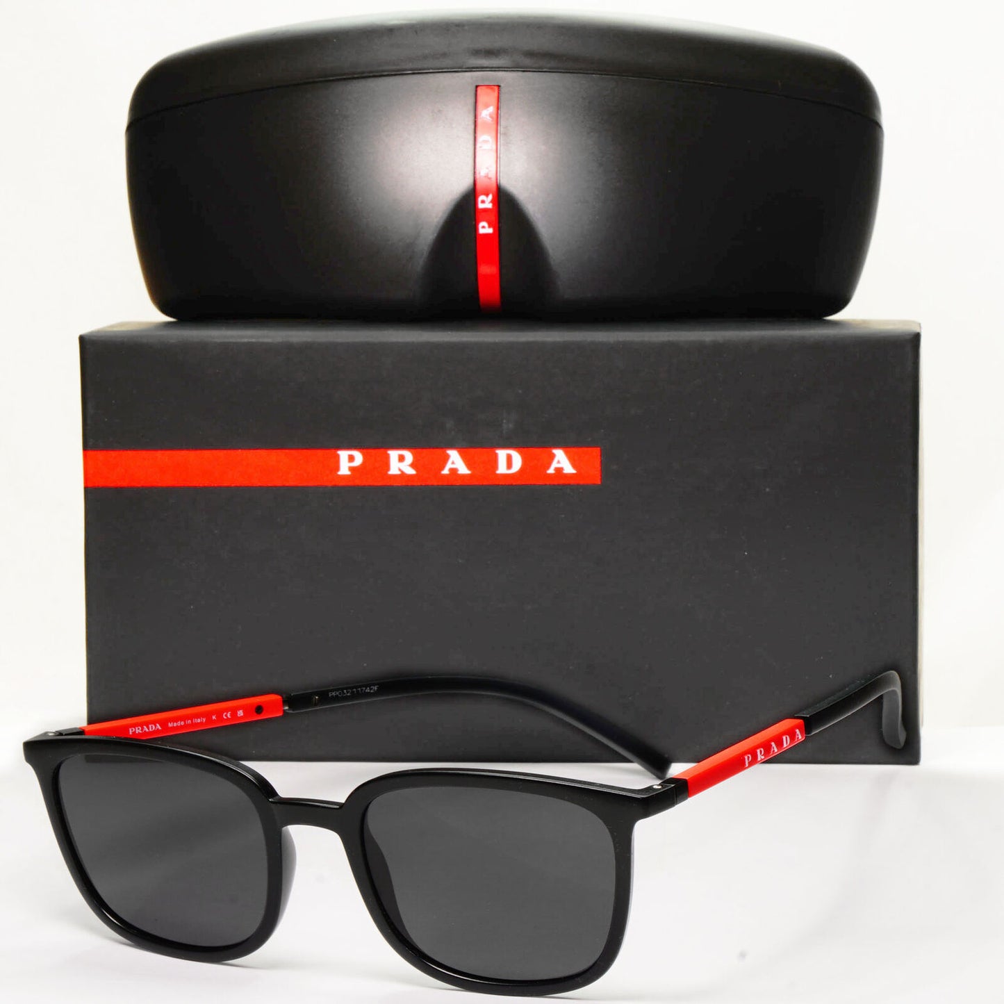 Prada Sunglasses Black Rubber Square Red Stripe PS05NV VPS 05N 1BO-1O1 54mm