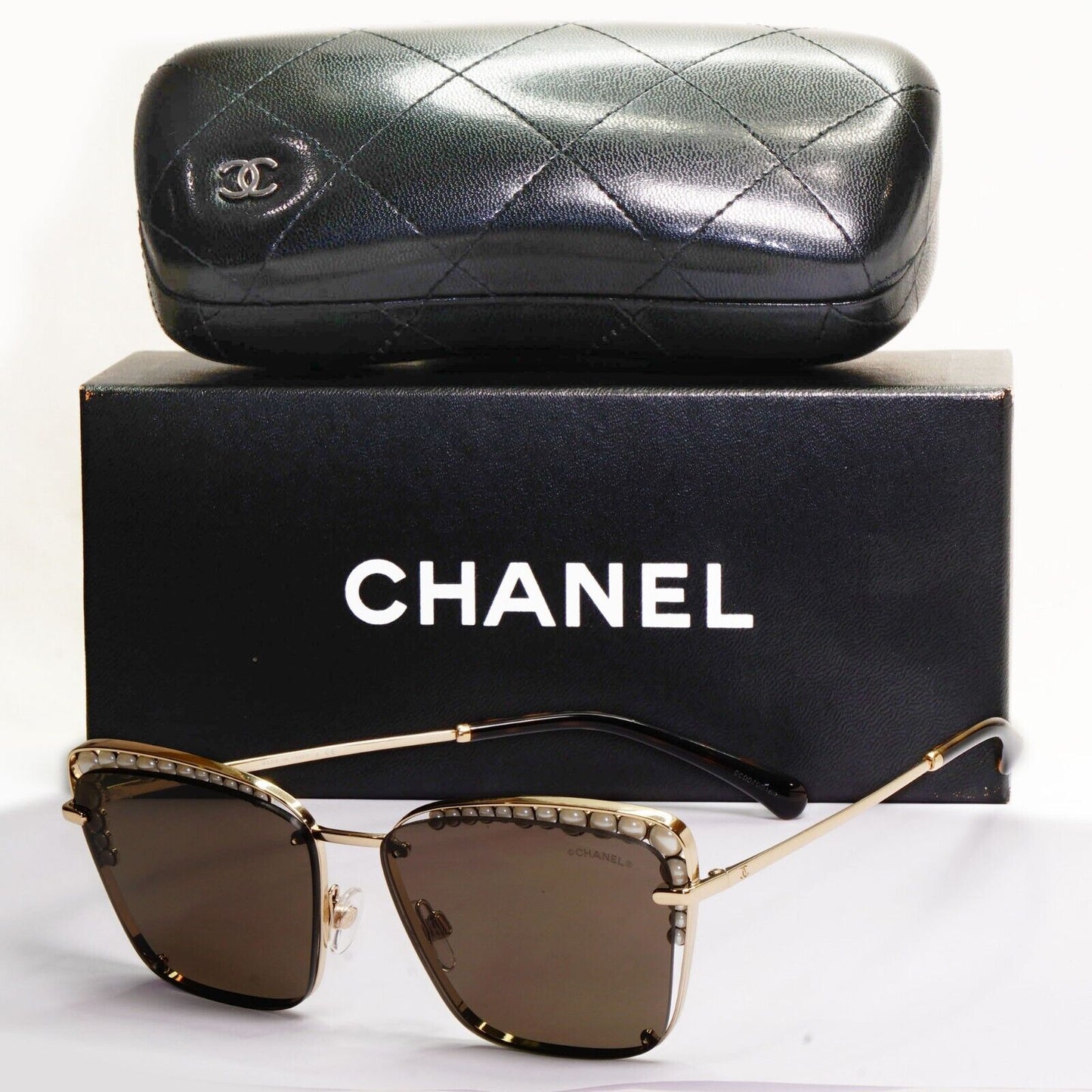 Chanel Sunglasses Pearl Gold Square Metal Brown 3N 4235-H c.395/S7 57mm