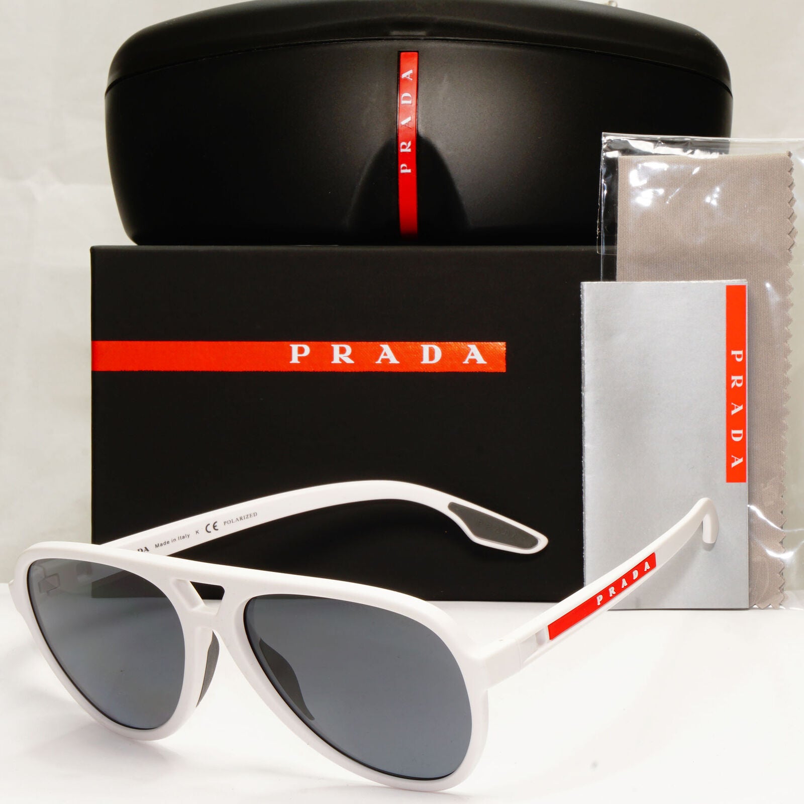 Prada White Polarized Sunglasses Pilot Grey Red Stripe PS06WS SPS 06W TWK-02G