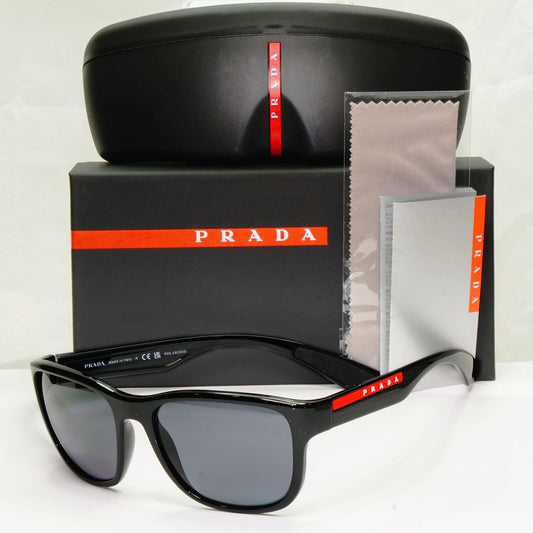 Prada Polarised Black Sunglasses Square Red Stripe PS01US SPS 01U 1AB-5Z1 59mm