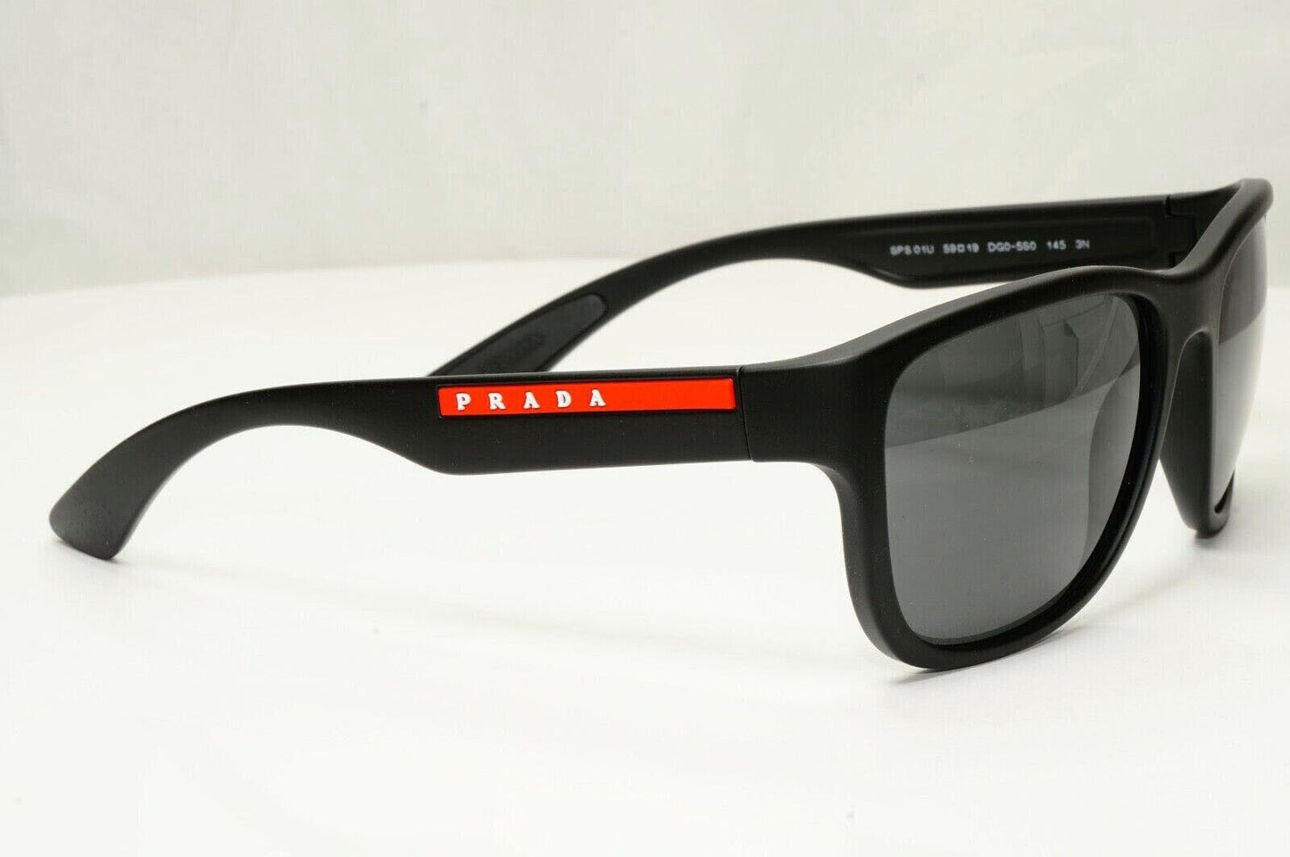 Prada Sunglasse Black Square Rubber PS01US SPS 01U DG0-5S0 Red Stripe Rossa 59mm